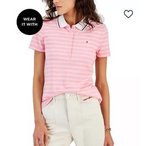 Tommy Hilfiger Womens Pink & White top with drawstring